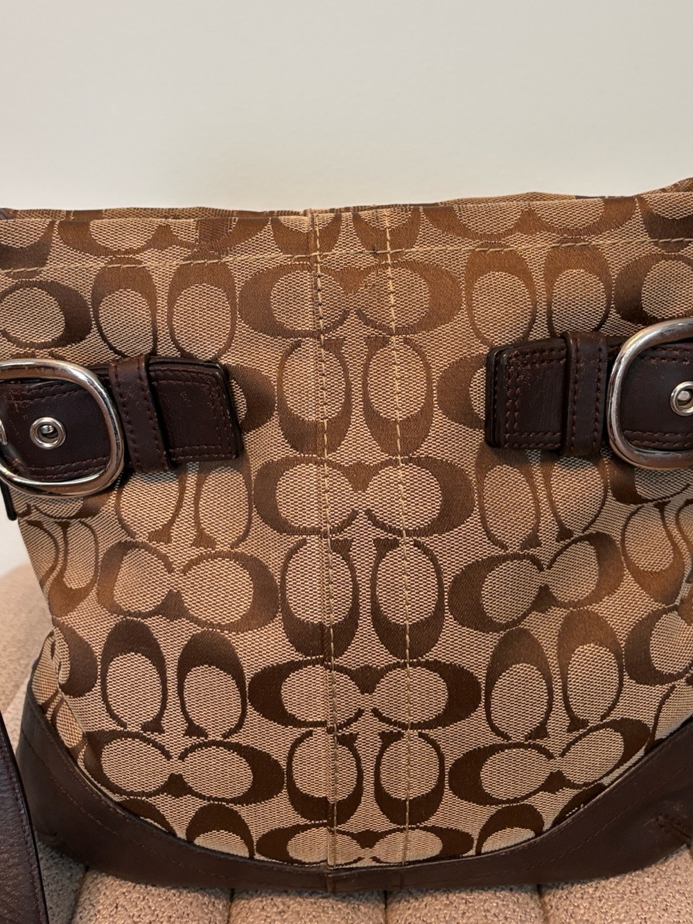 Coach Khaki Signature Canvas Crossbody with Dark Brown Leather Trim